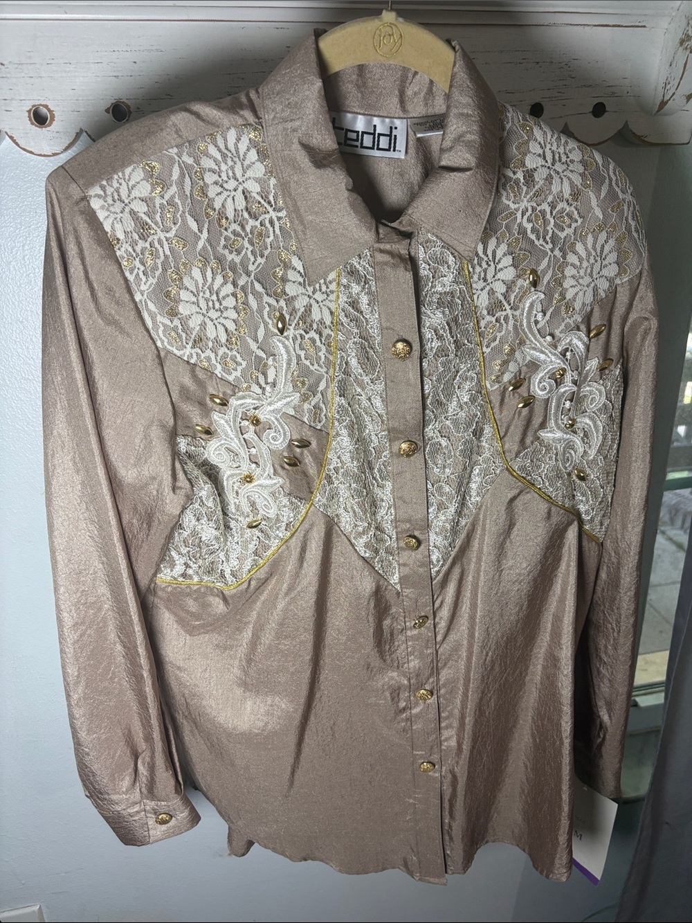 Vintage Teddi new with tags Gold Lace-Accent Western top